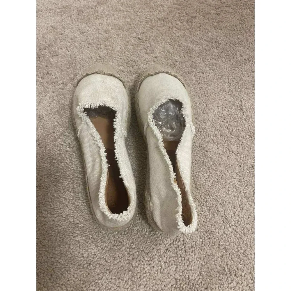 Patricia Green Womens Espadrille Flats Cream Beige Frayed Canvas Slip On Size 10